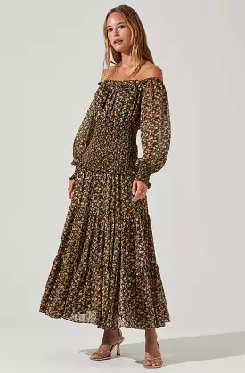 Embrey Floral Off Shoulder Maxi Dress - Maxi dress with off shoulder design and floral print.