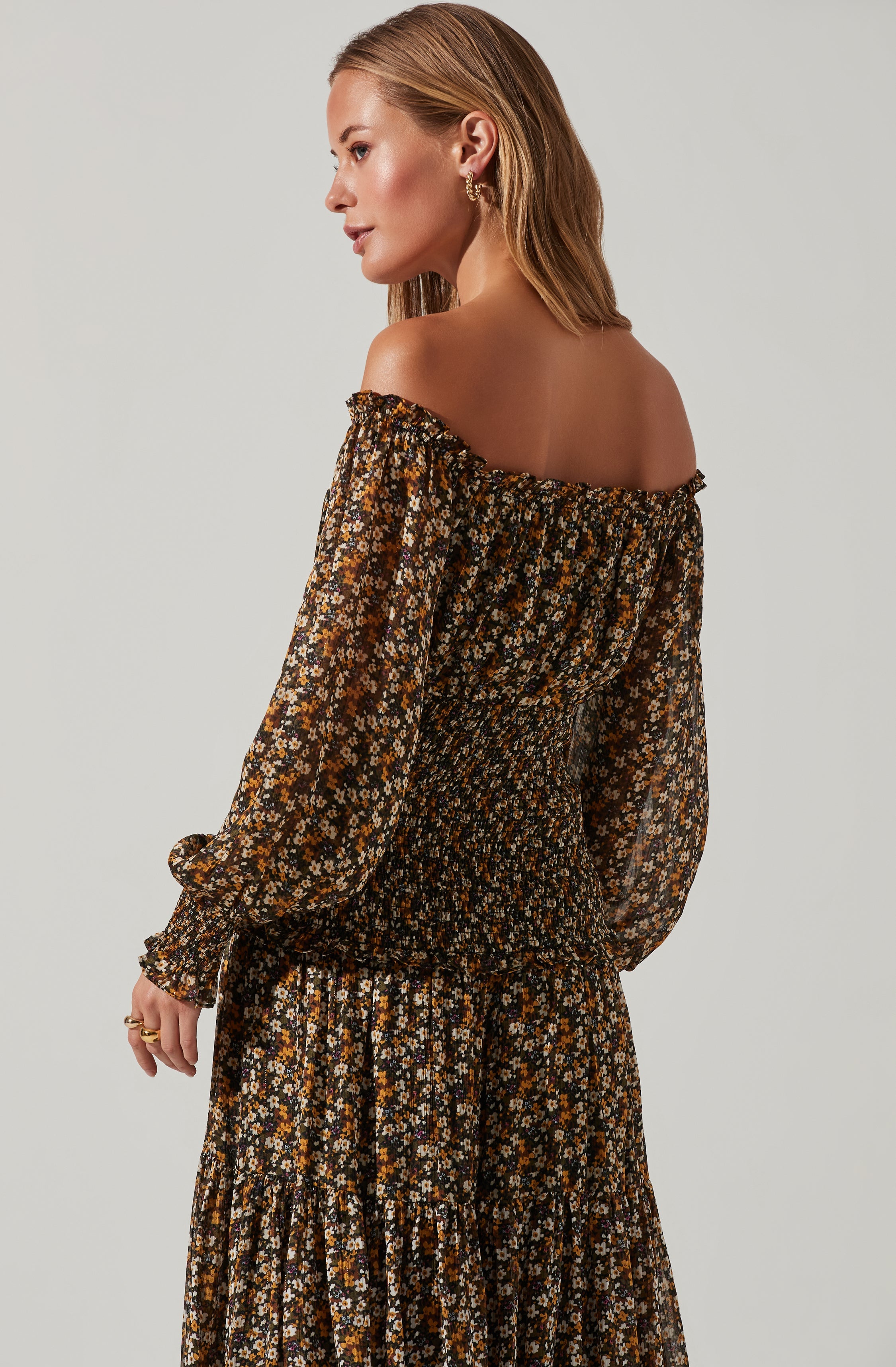 Embrey Floral Off Shoulder Maxi Dress - Maxi dress with off shoulder design and floral print.