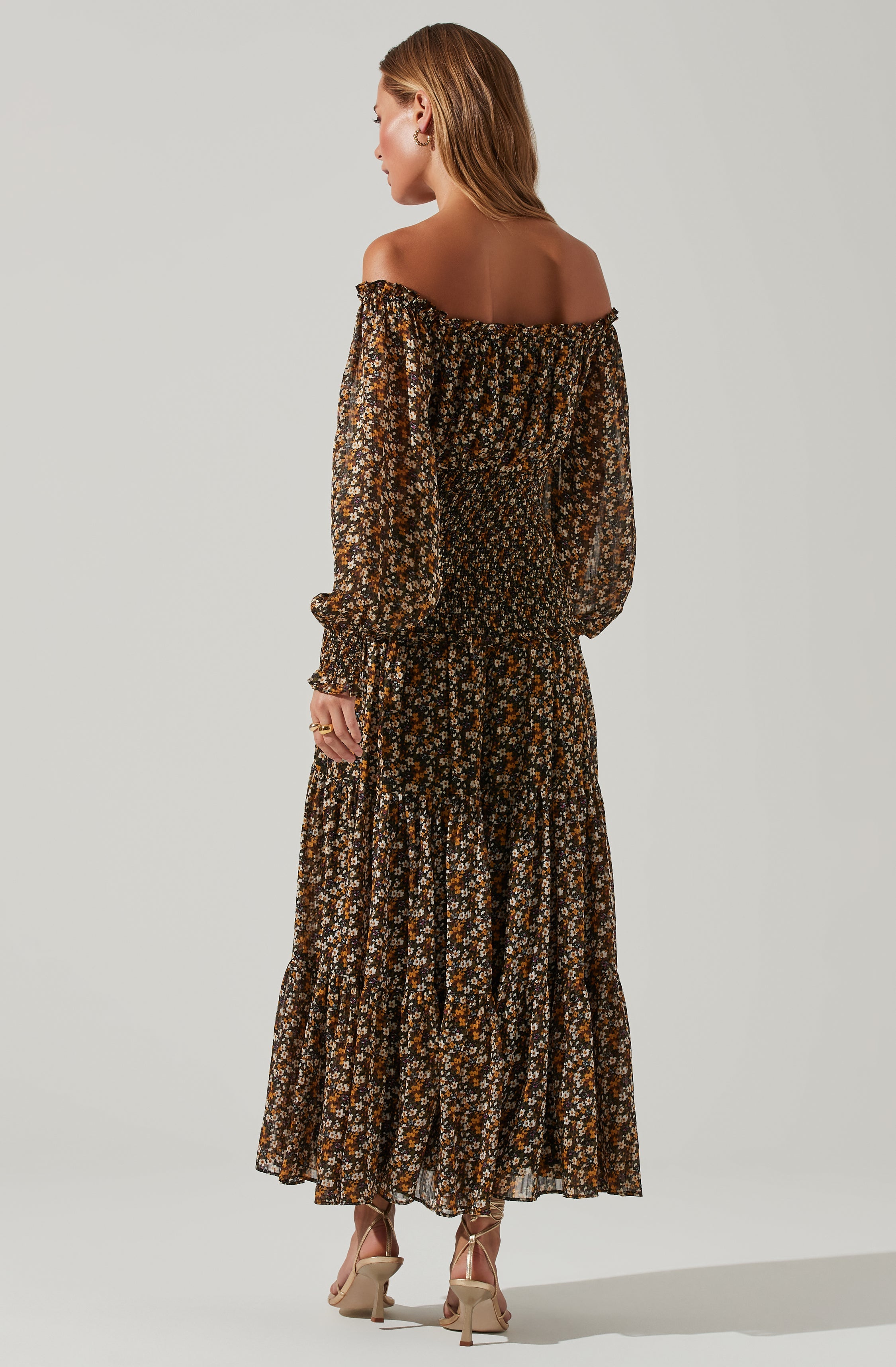 Embrey Floral Off Shoulder Maxi Dress - Maxi dress with off shoulder design and floral print.