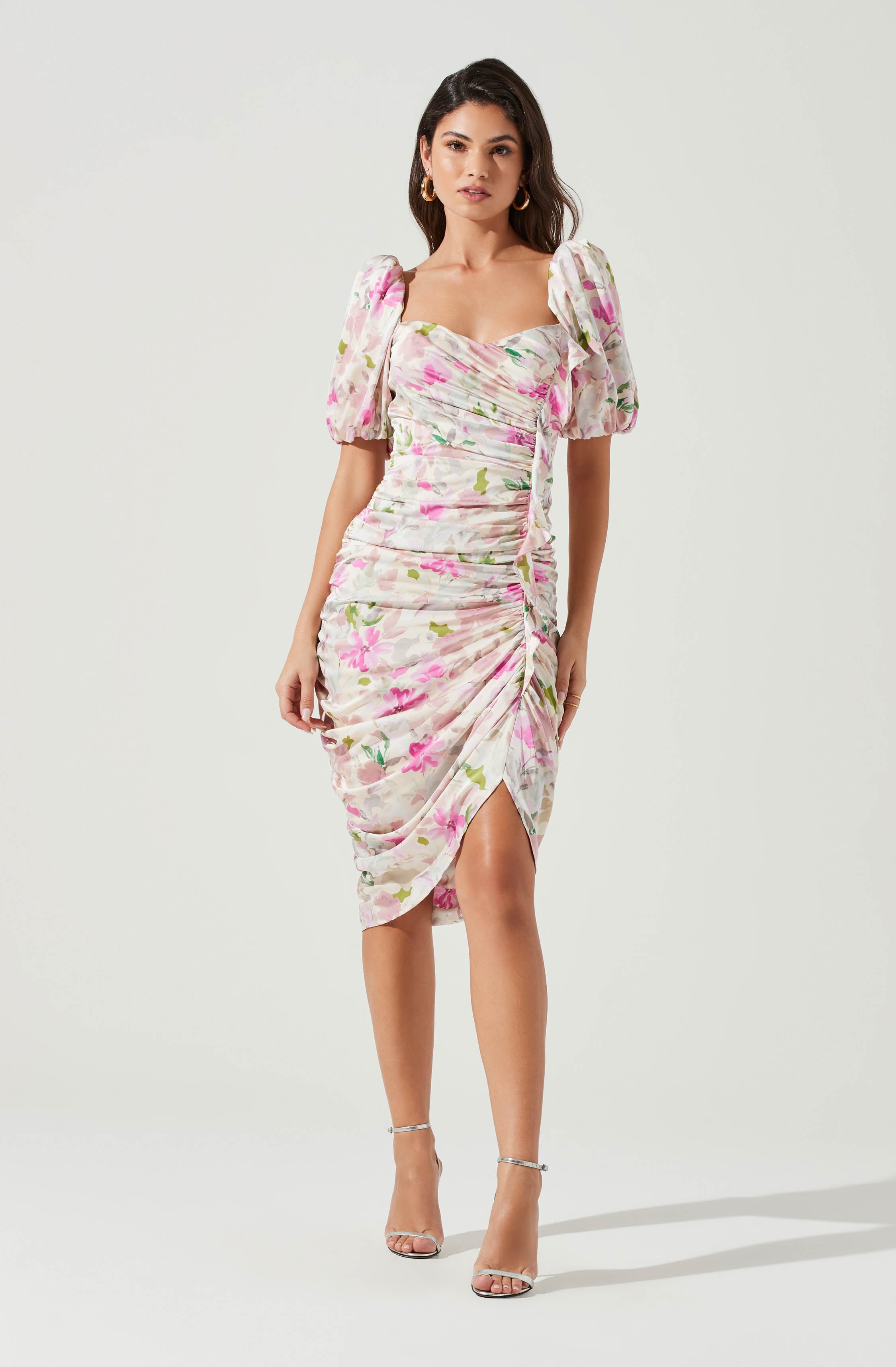 Emma Floral Ruched Bubble Sleeve Midi Dress - Buy Now!