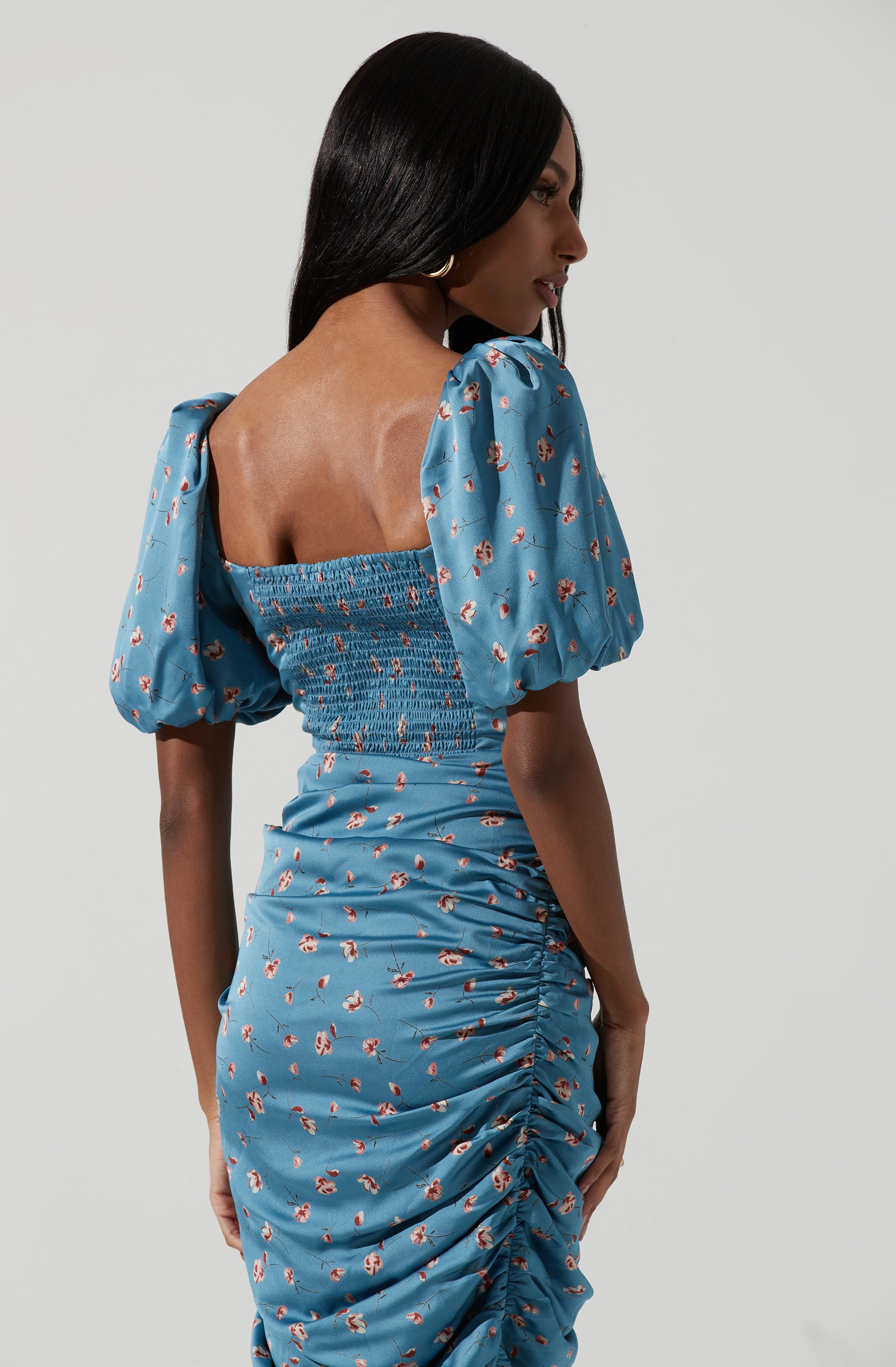 Emma Floral Ruched Bubble Sleeve Midi Dress - Buy Now!