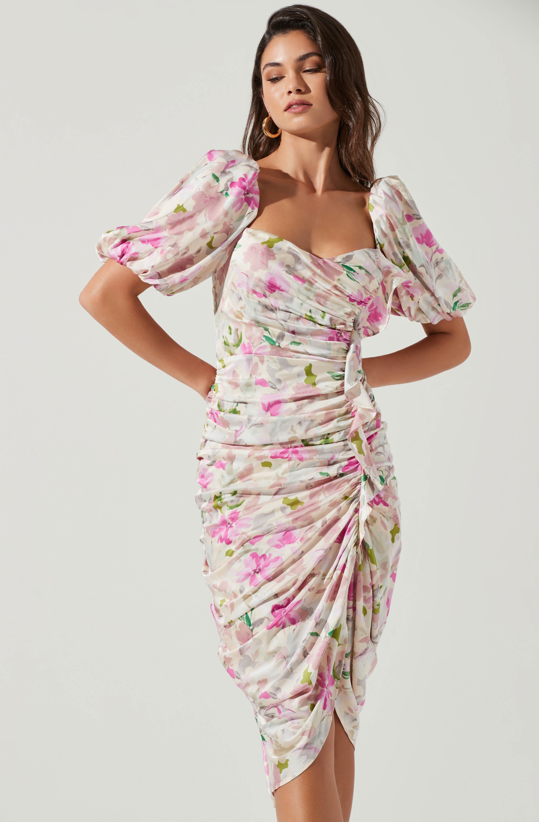 Emma Floral Ruched Bubble Sleeve Midi Dress - Buy Now!