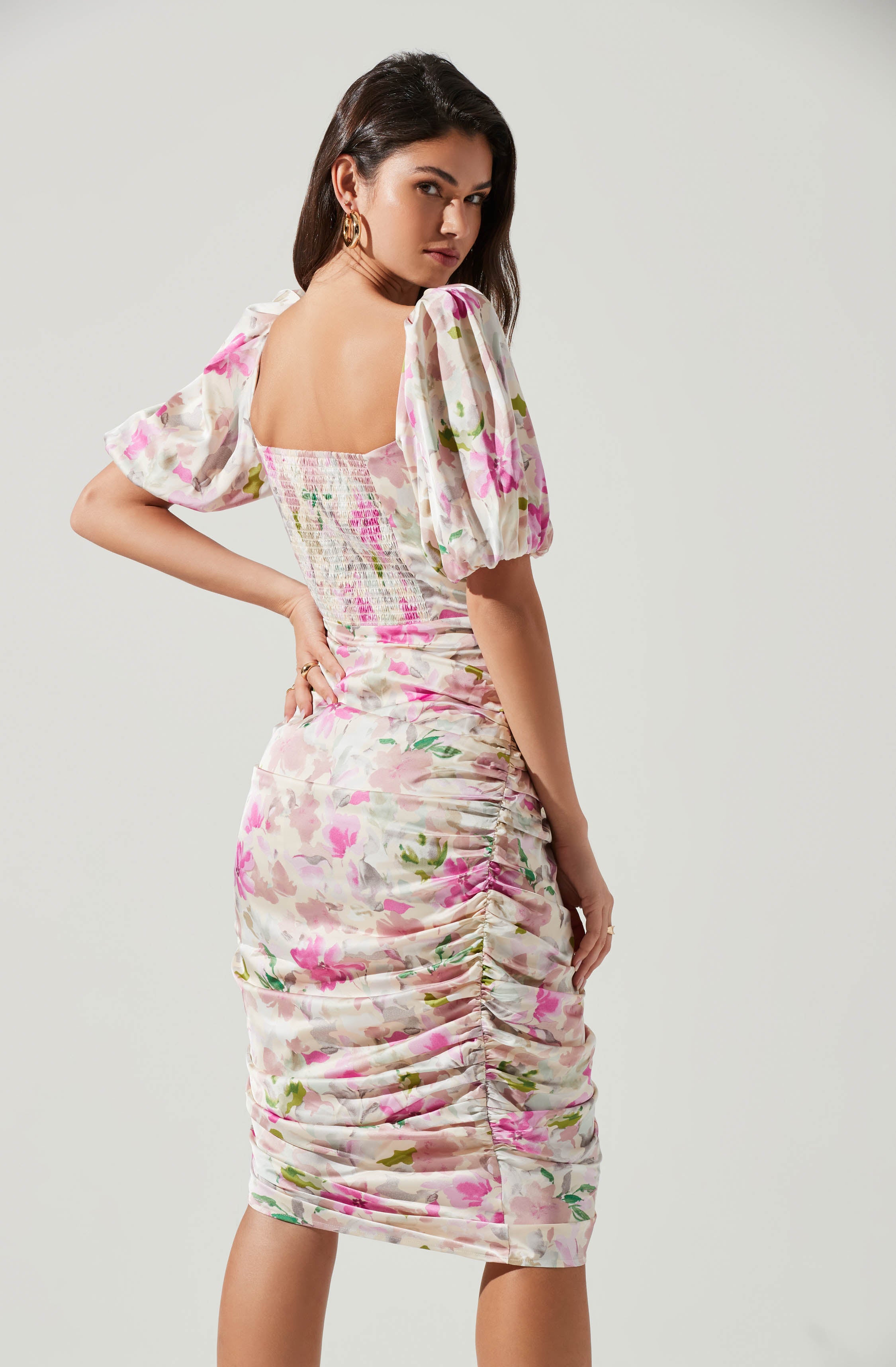 Emma Floral Ruched Bubble Sleeve Midi Dress - Buy Now!