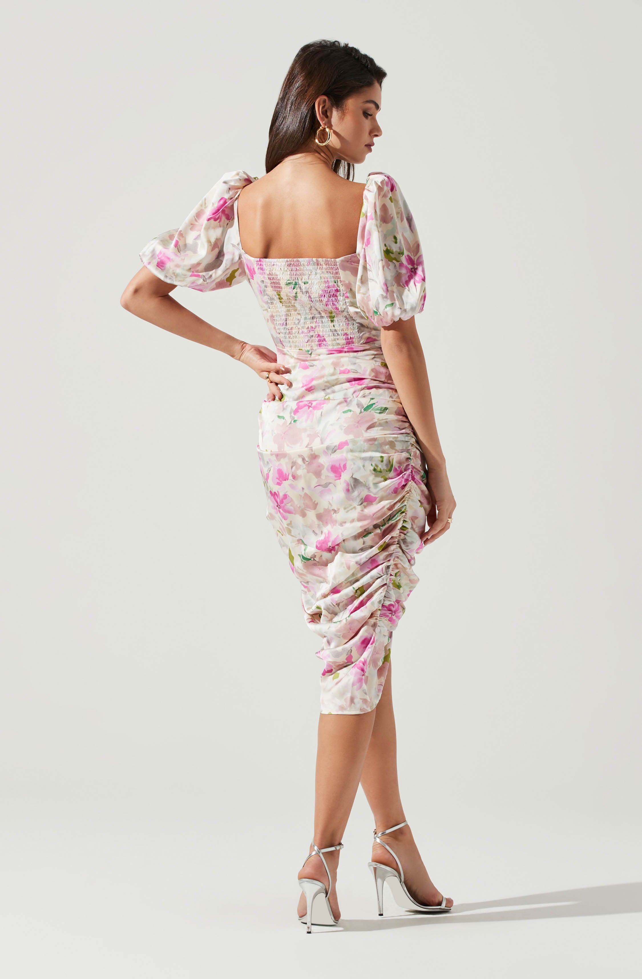 Emma Floral Ruched Bubble Sleeve Midi Dress - Buy Now!