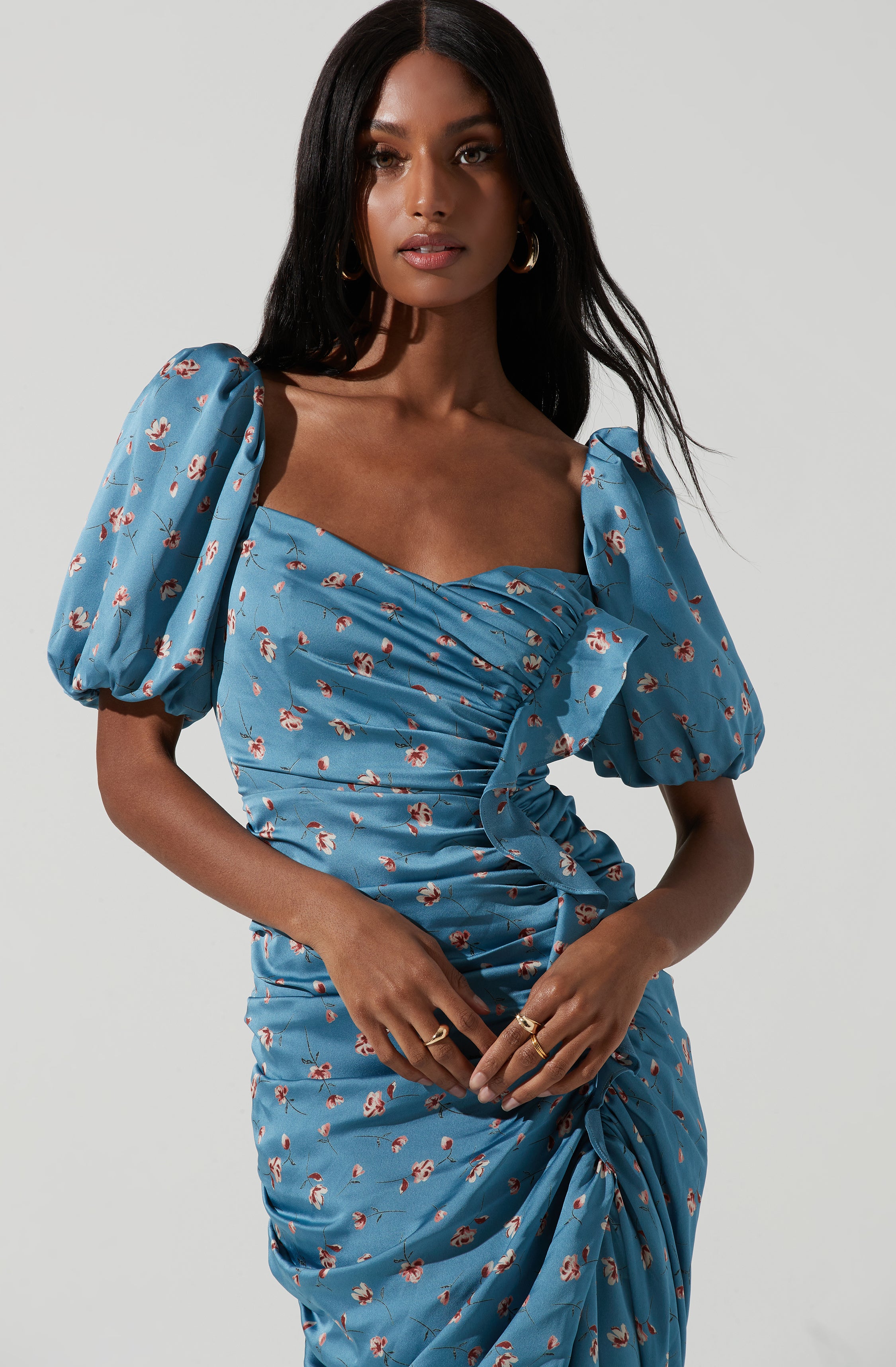 Emma Floral Ruched Bubble Sleeve Midi Dress - Buy Now!