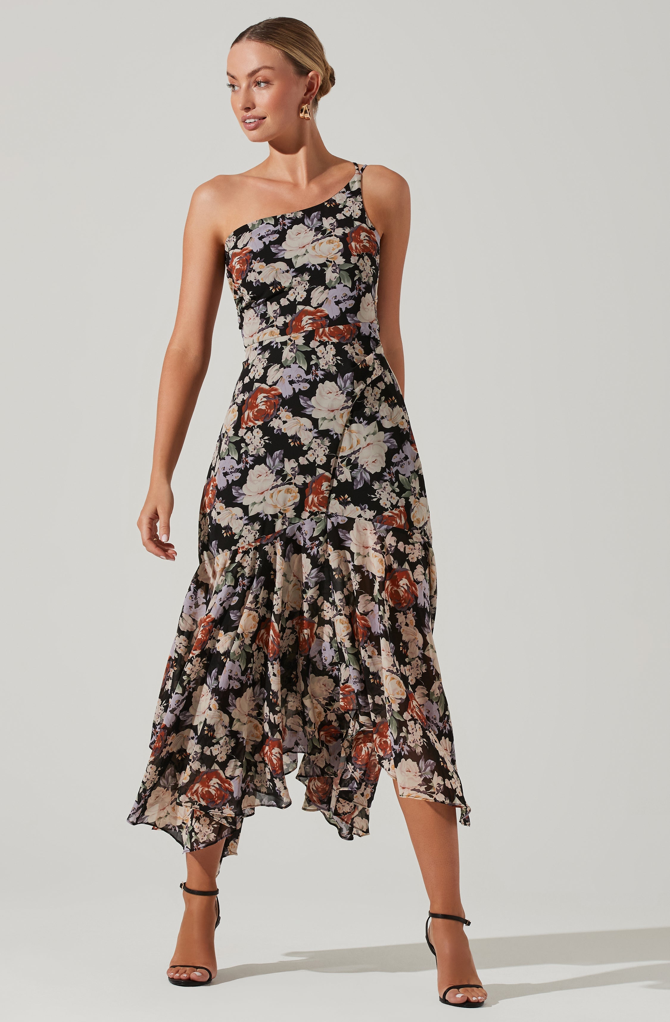 Emmylou Floral Midi Dress - One Shoulder Style