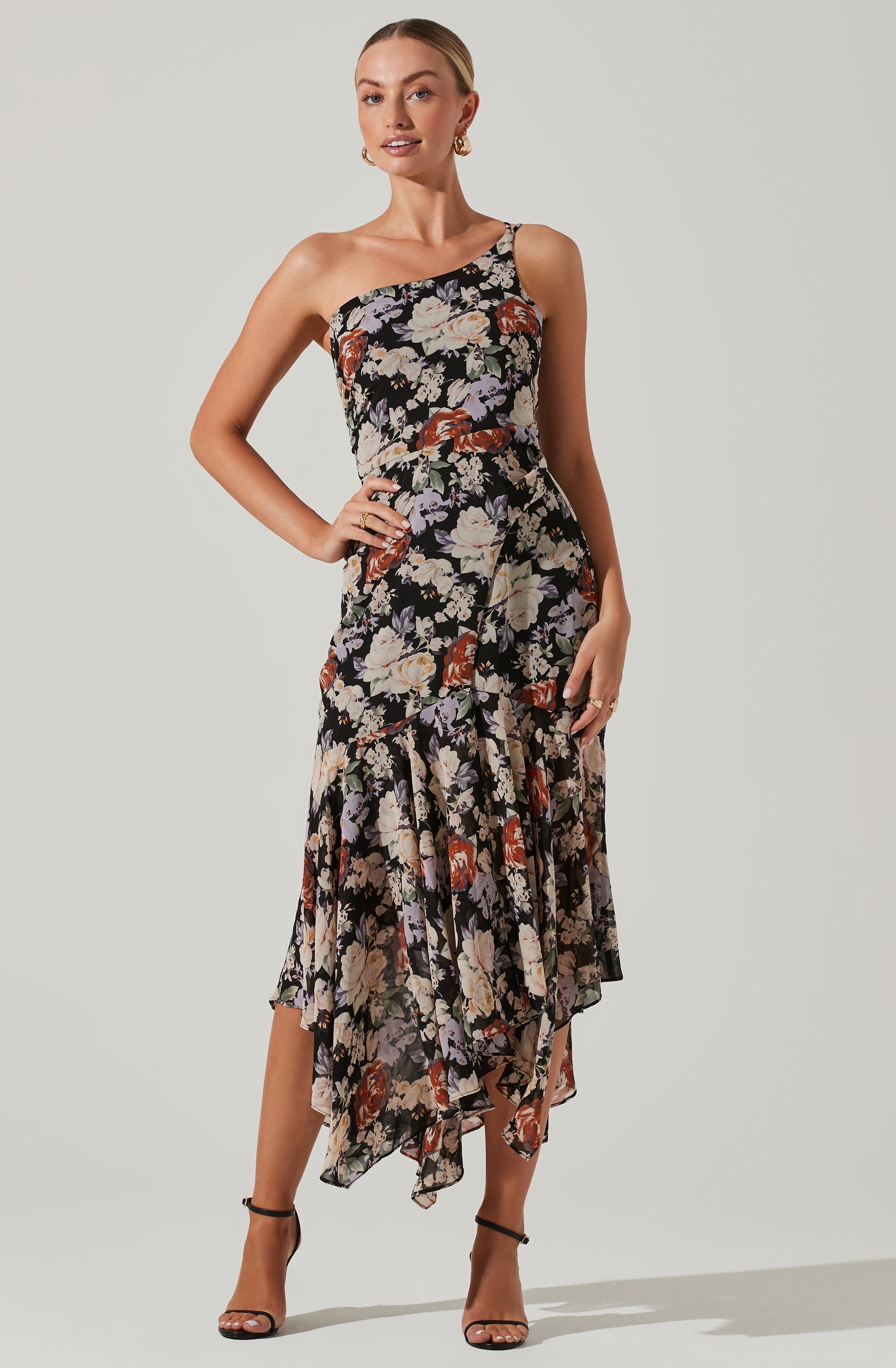 Emmylou Floral Midi Dress - One Shoulder Style