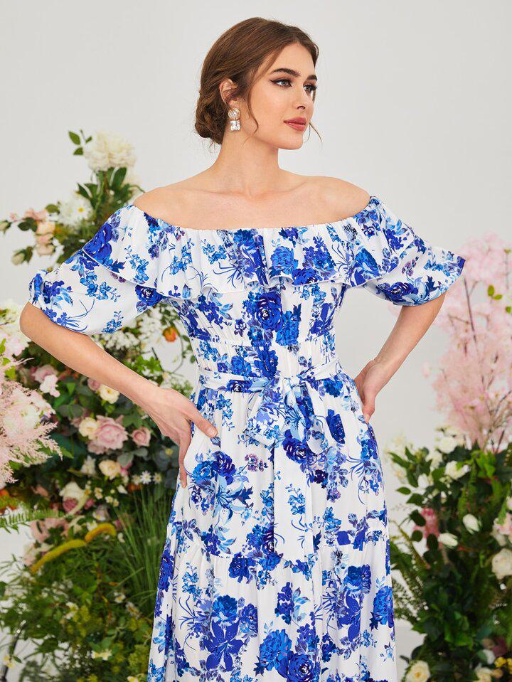 Fashion Dress with Floral Allover Print, Ruffle Details, and Belt - 006654785