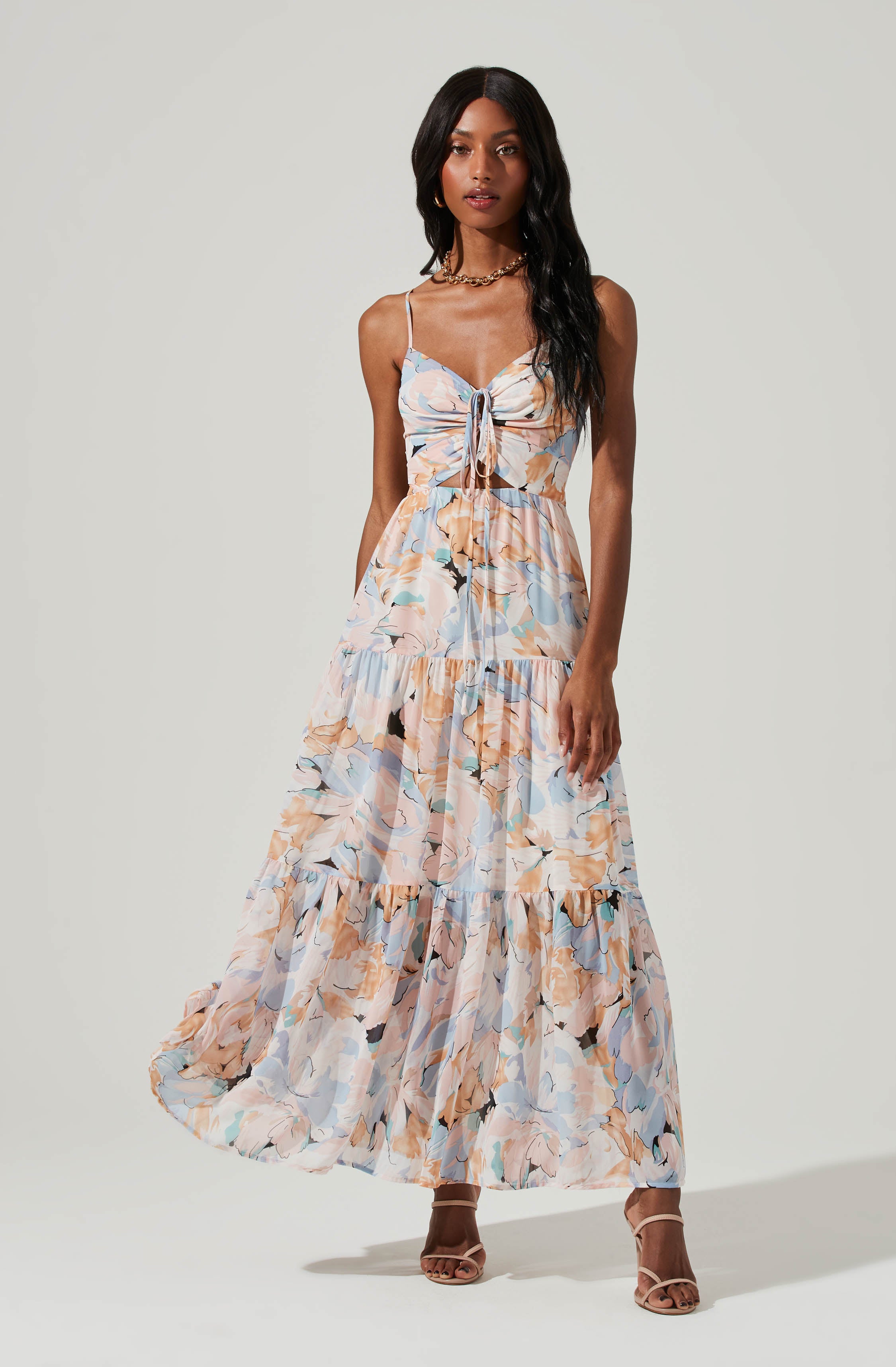 Floral Cutout Maxi Dress - Brandy Color - Cinched Front