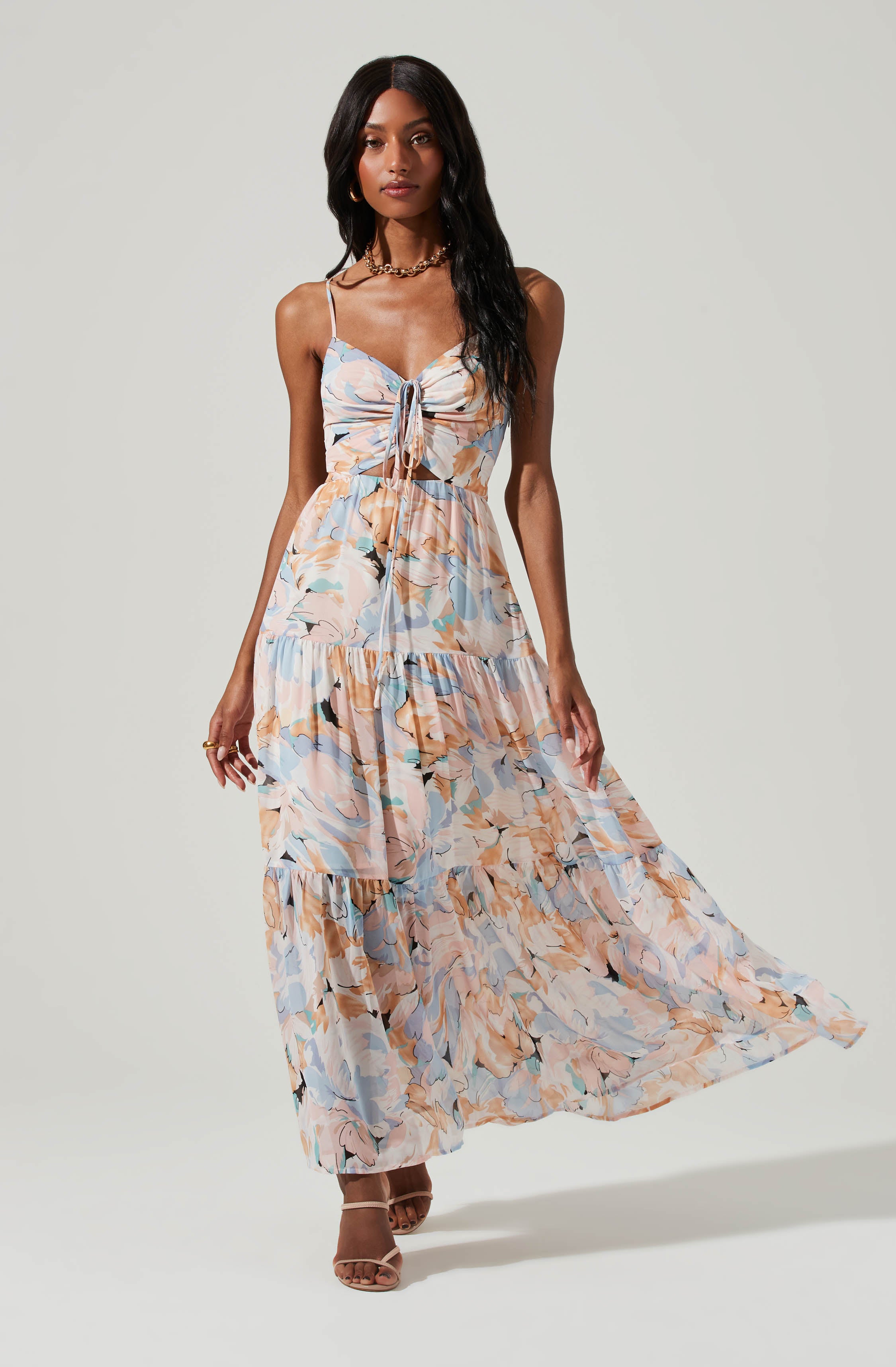 Floral Cutout Maxi Dress - Brandy Color - Cinched Front