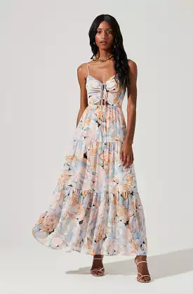 Floral Cutout Maxi Dress - Brandy Color - Cinched Front