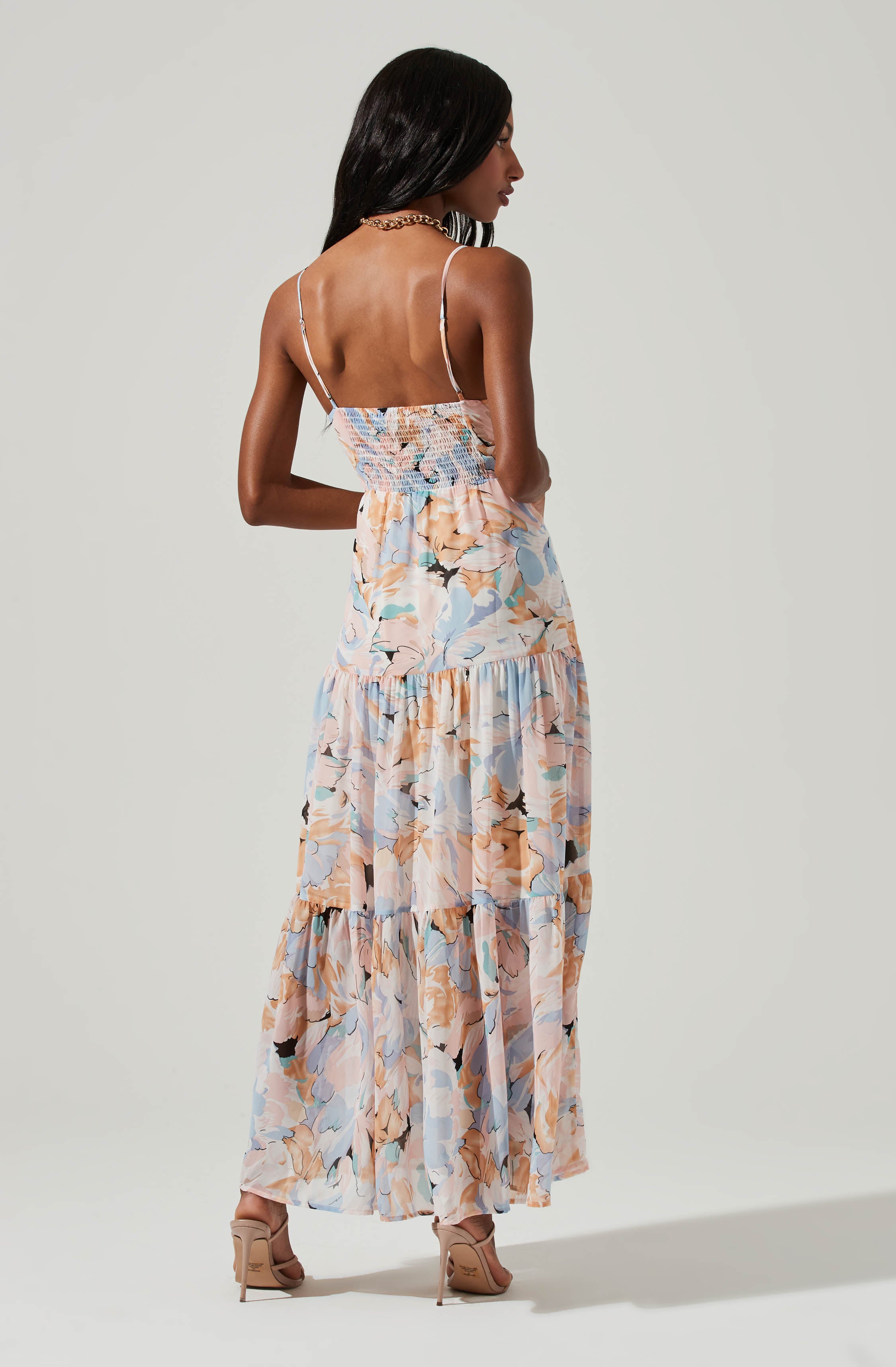 Floral Cutout Maxi Dress - Brandy Color - Cinched Front