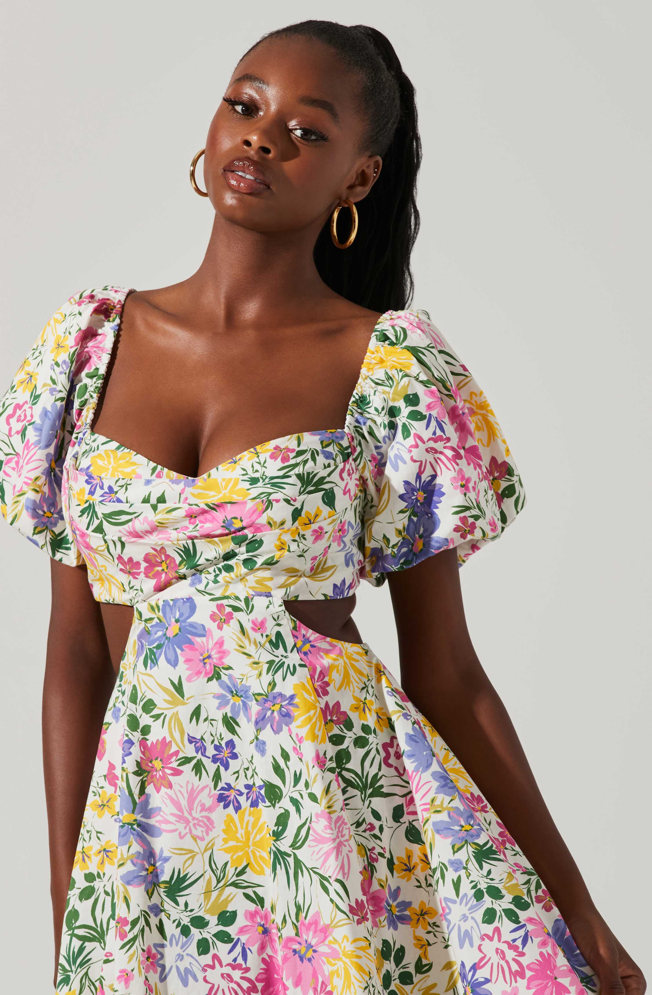 Floral Cutout Puff Sleeve Mini Dress