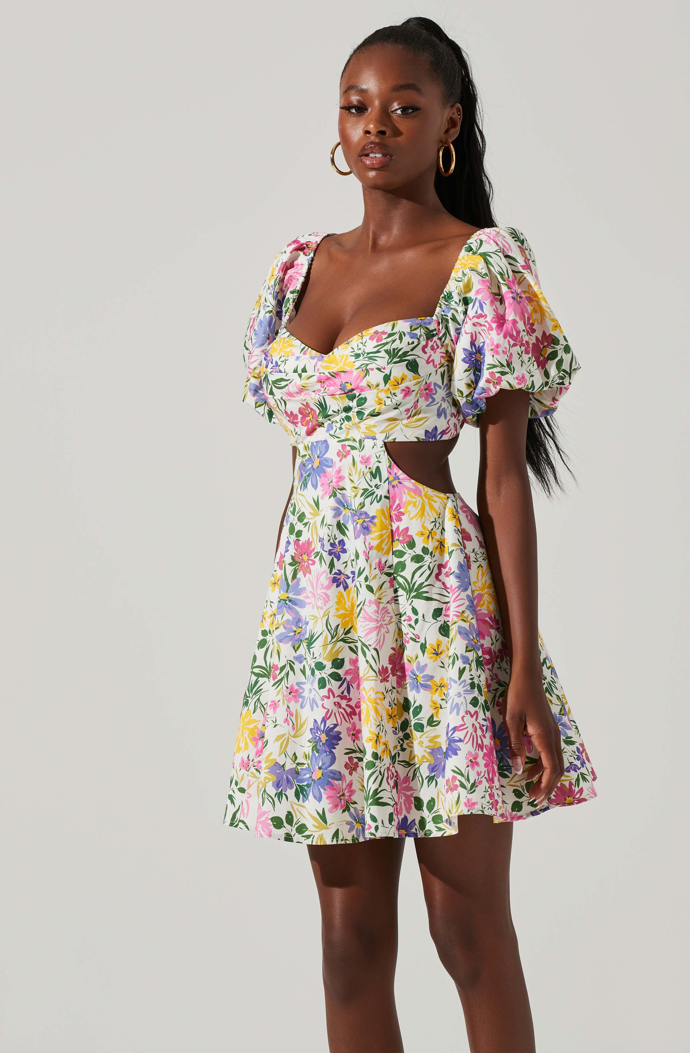 Floral Cutout Puff Sleeve Mini Dress