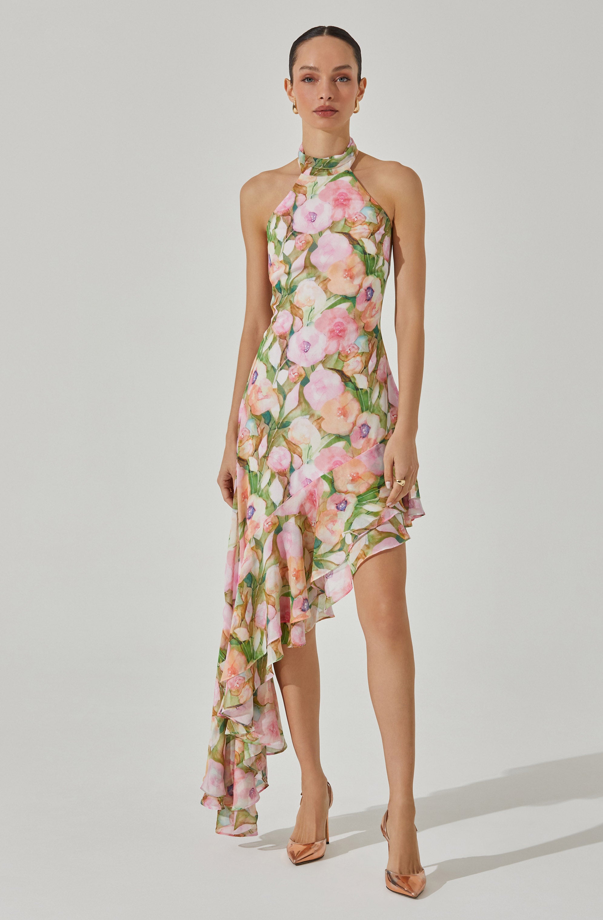 Floral Halter Midi Dress - Asymmetric Design