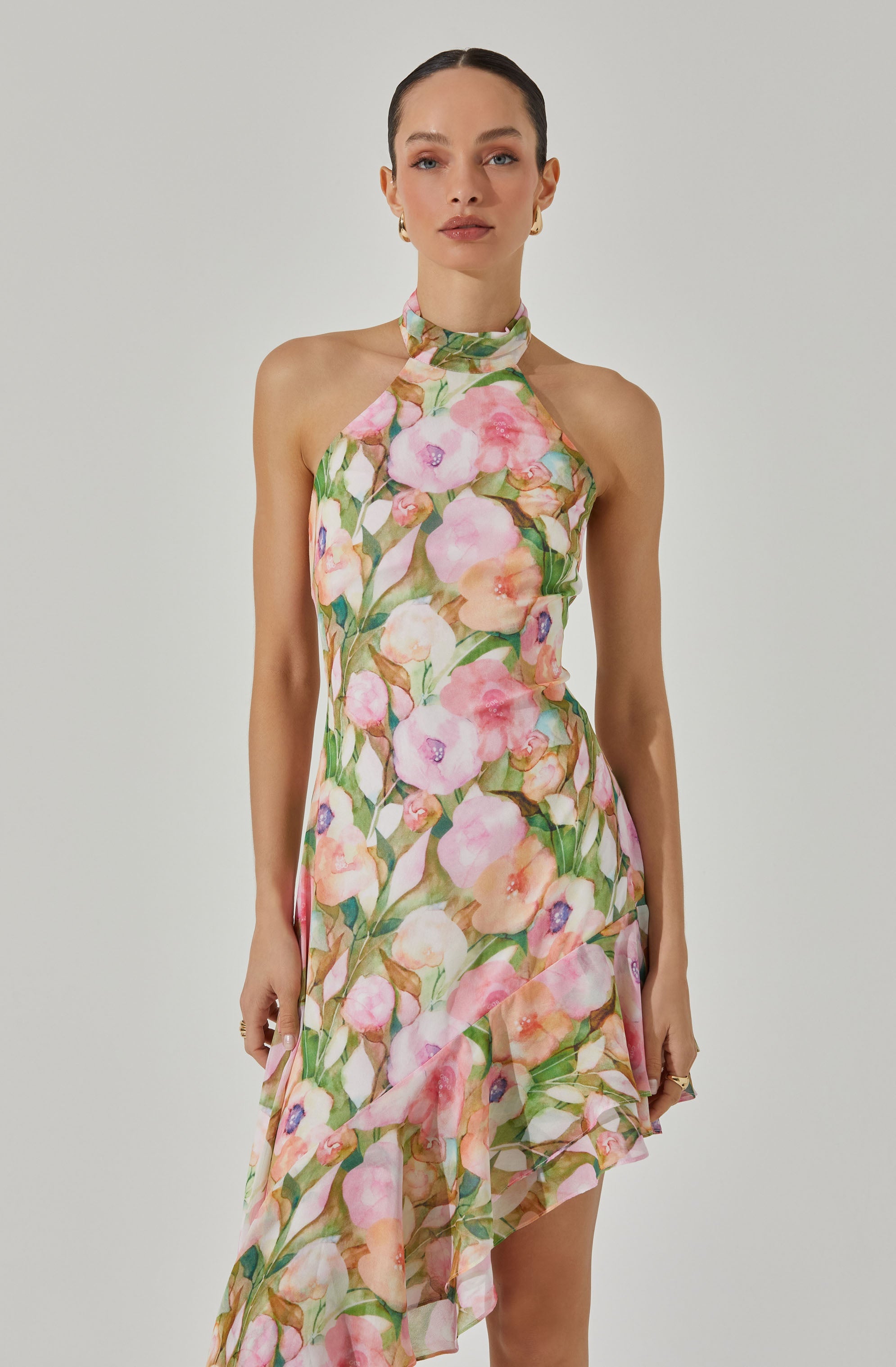 Floral Halter Midi Dress - Asymmetric Design