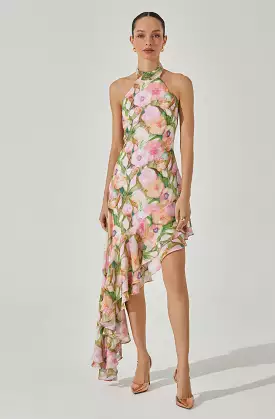 Floral Halter Midi Dress - Asymmetric Design