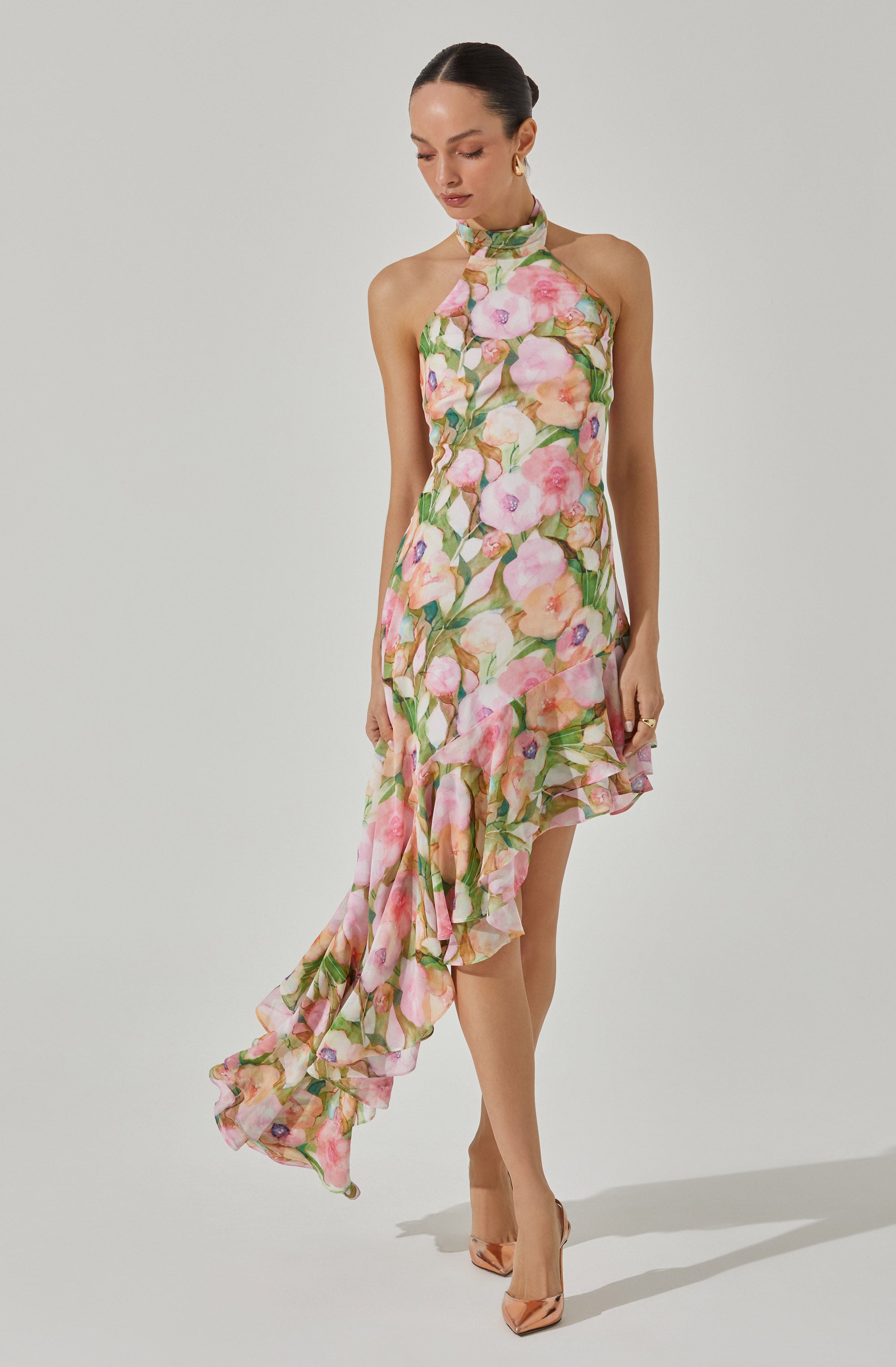 Floral Halter Midi Dress - Asymmetric Design