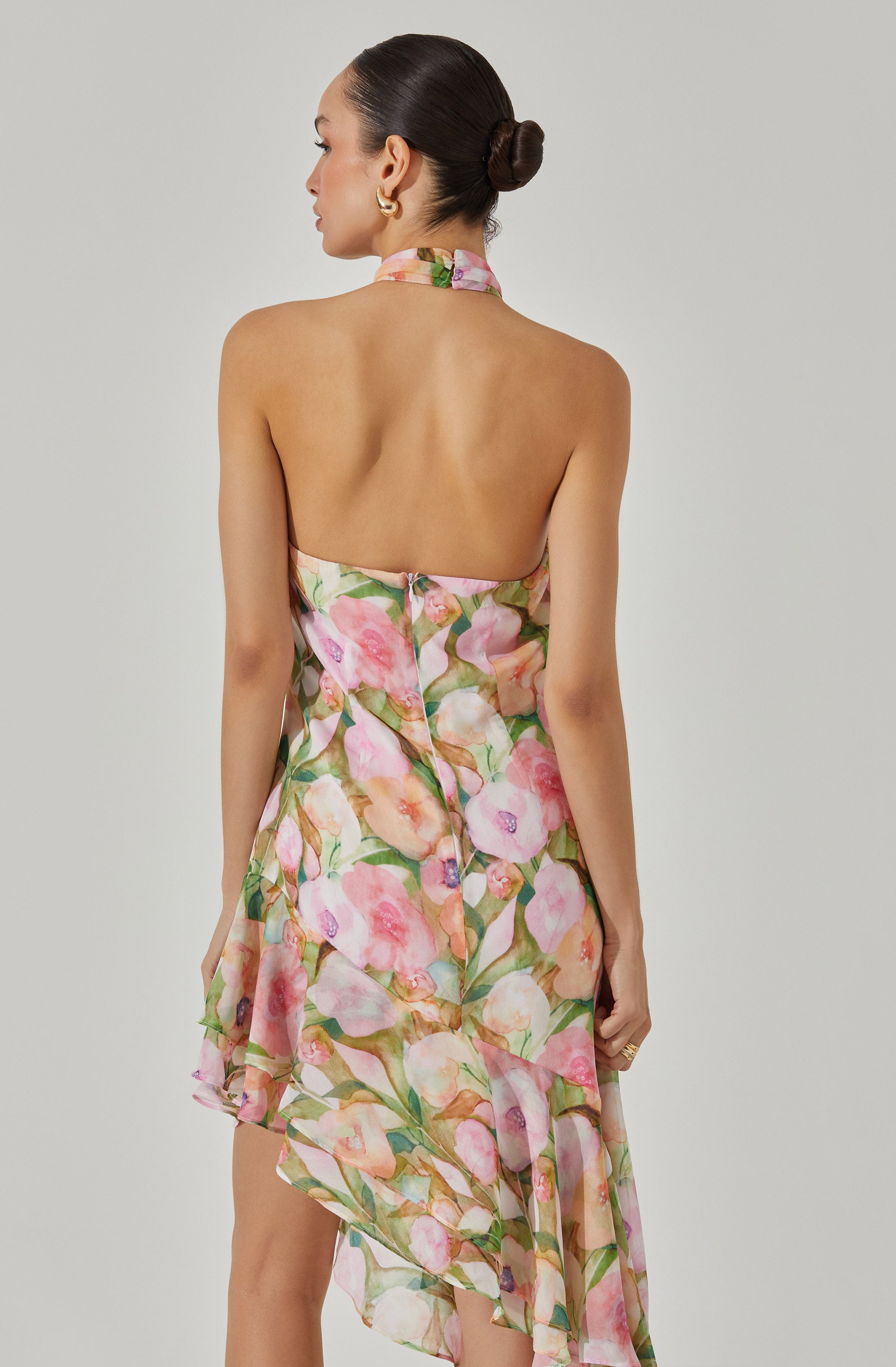 Floral Halter Midi Dress - Asymmetric Design