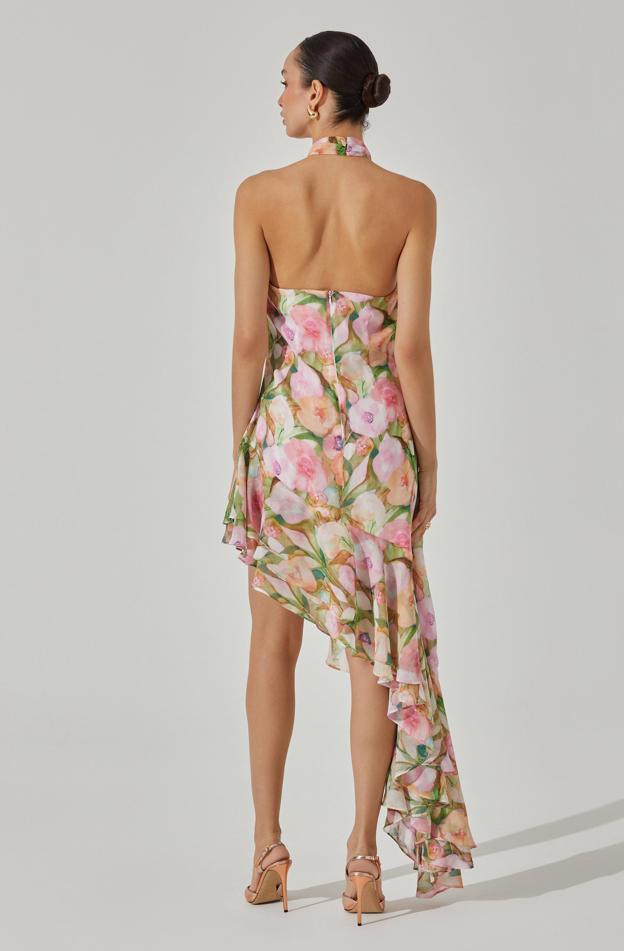 Floral Halter Midi Dress - Asymmetric Design