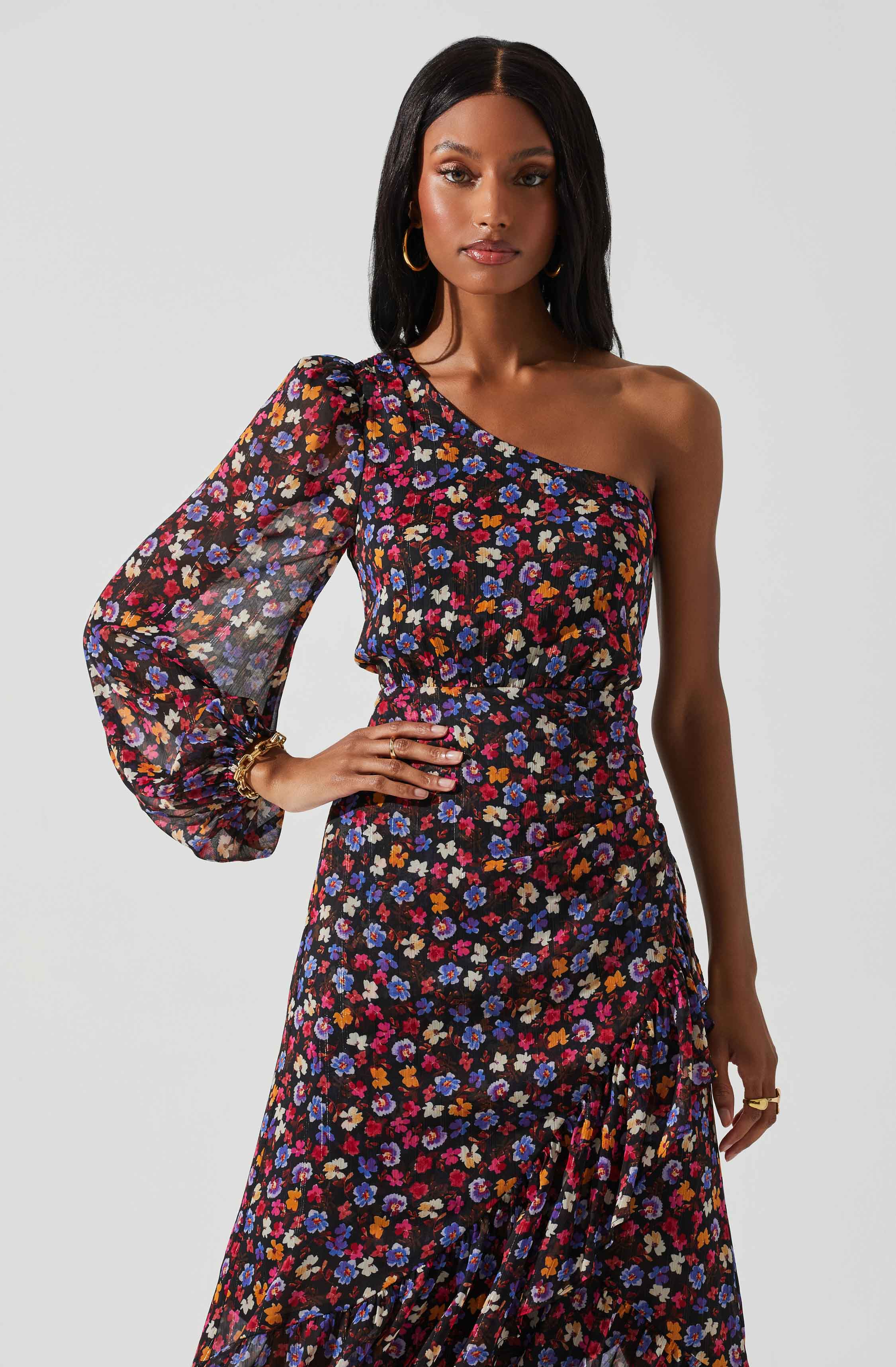 Floral One Shoulder Midi Dress by Calista