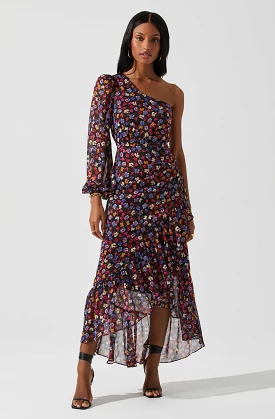 Floral One Shoulder Midi Dress by Calista