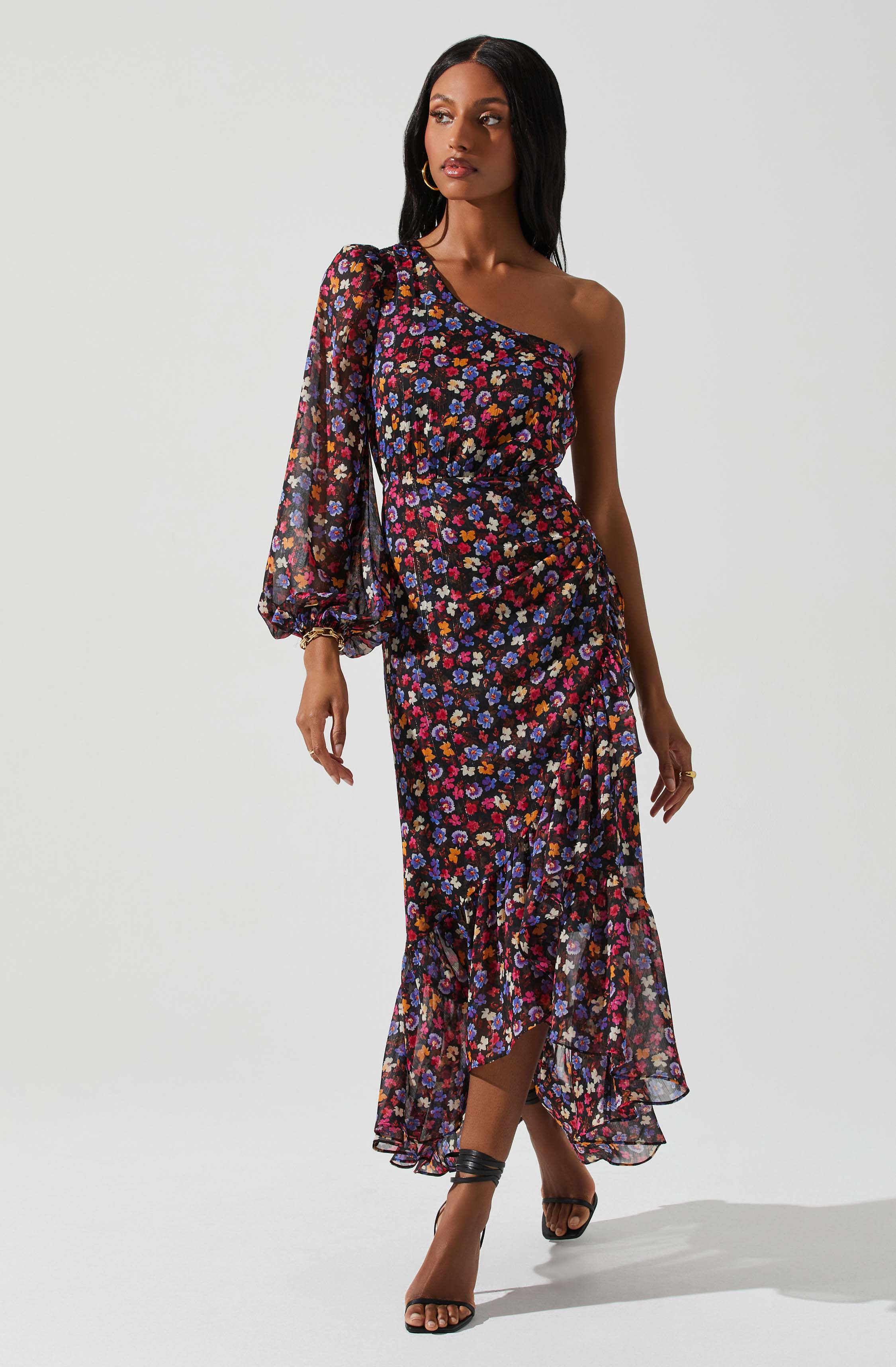 Floral One Shoulder Midi Dress by Calista