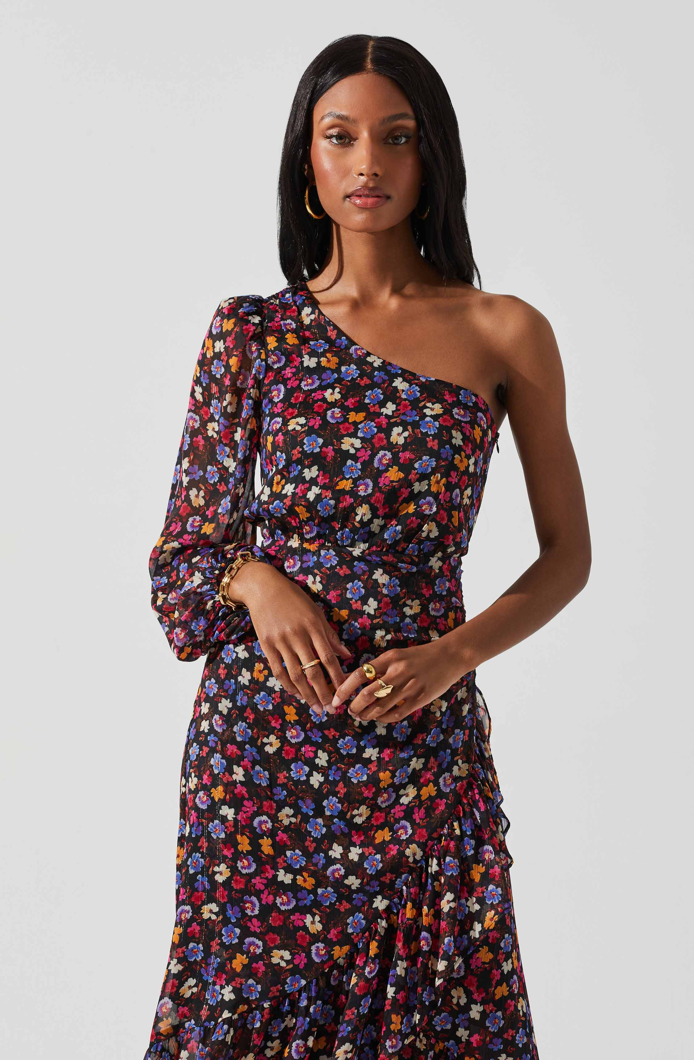 Floral One Shoulder Midi Dress by Calista