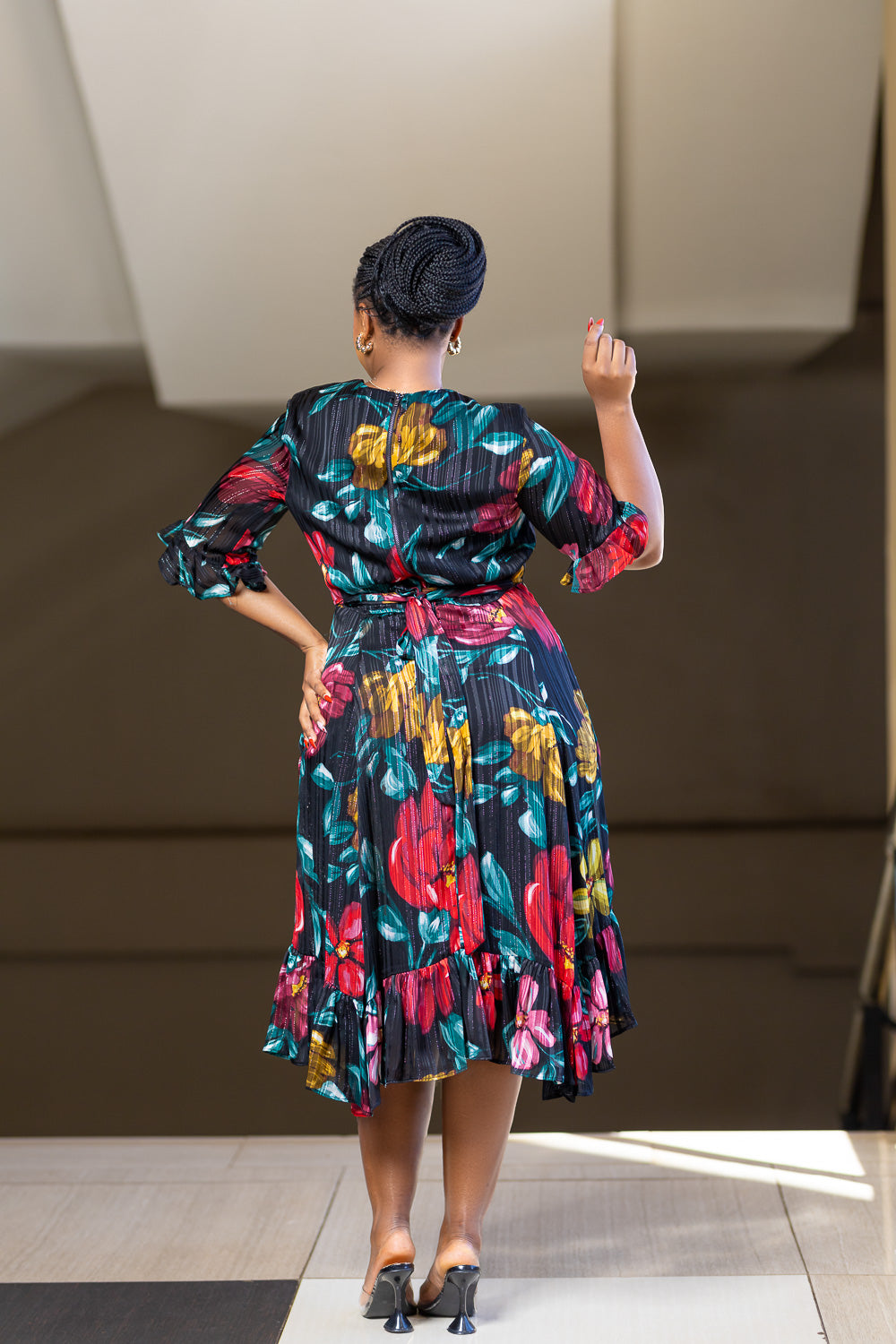 Floral print A-line dress with multiple colors.