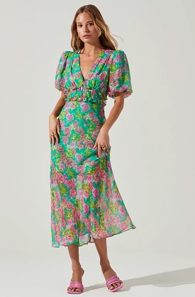 Floral Puff Sleeve Midi Dress by Esperanza