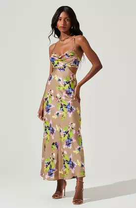 Floral Satin Cutout Midi Dress