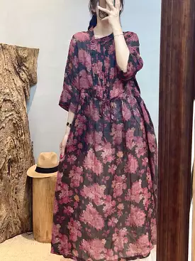 Floral Vintage Ramie Dress for Women, Loose Fit 