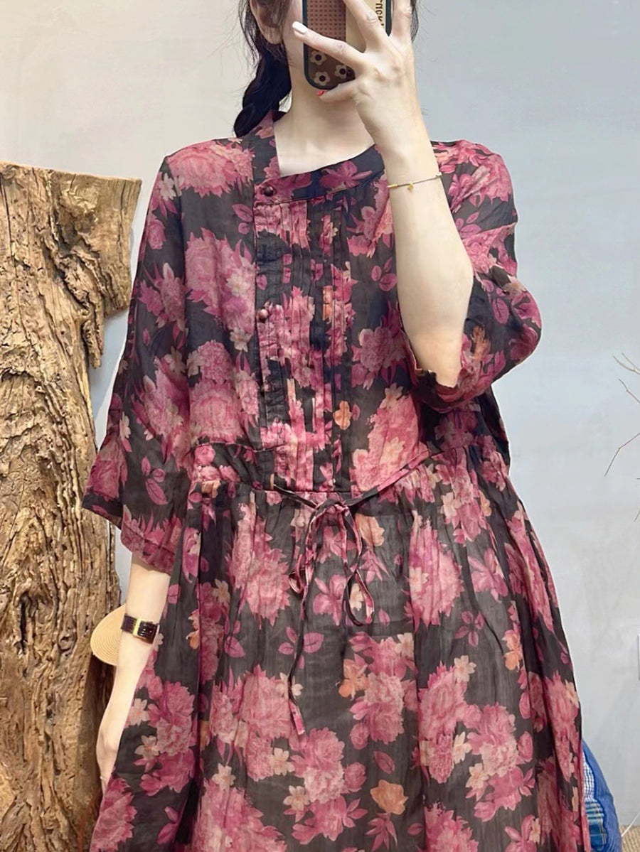 Floral Vintage Ramie Dress for Women, Loose Fit 