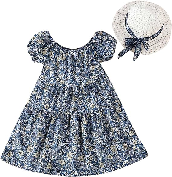 Flower Pattern Dress for Girls 7-8 years old with Hat X4455666