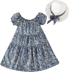 Flower Pattern Dress for Girls 7-8 years old with Hat X4455666