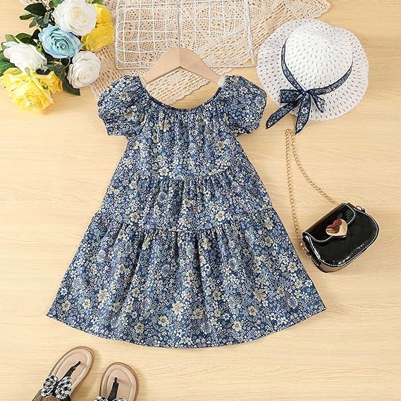 Flower Pattern Dress for Girls 7-8 years old with Hat X4455666