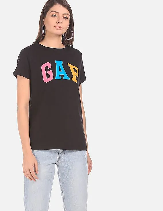 GAP Short Sleeve Puff Logo T-Shirt for Women in Black