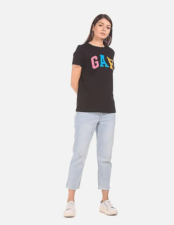 GAP Short Sleeve Puff Logo T-Shirt for Women in Black