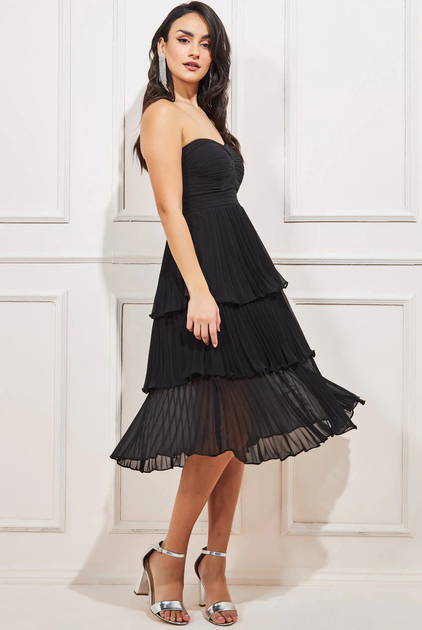 Goddiva Pleated Bandeau Bodice Chiffon Tiered Midi dress.