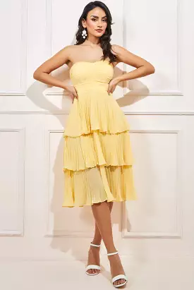 Goddiva Pleated Bandeau Bodice Chiffon Tiered Midi dress.