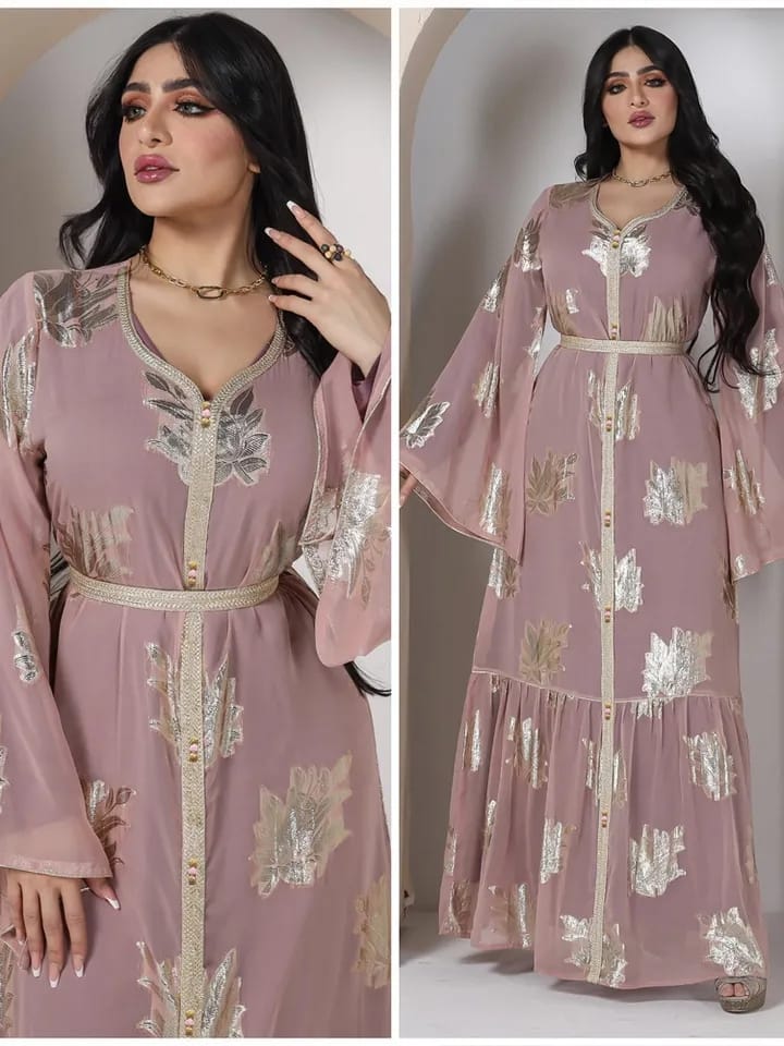 Gold Stamping Chiffon Kaftans for Women in Dubai - Moroccan Evening Party Wedding Abaya - Islam Muslim Eid Jalabiya