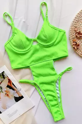 Green ribbed underwire one piece swimsuit with cut out design.