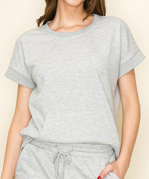 Grey Ribbed Short Sleeve Sweatshirt