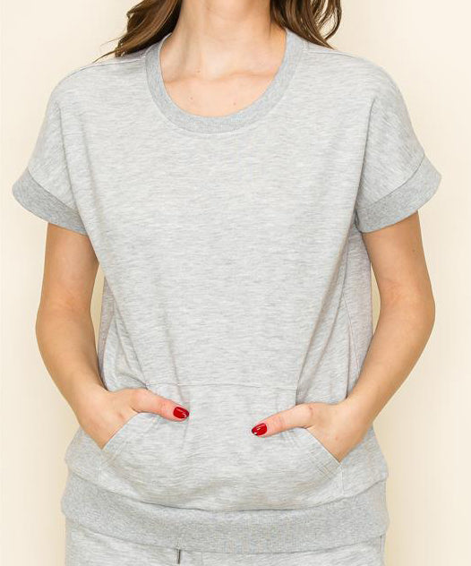 Grey Ribbed Short Sleeve Sweatshirt