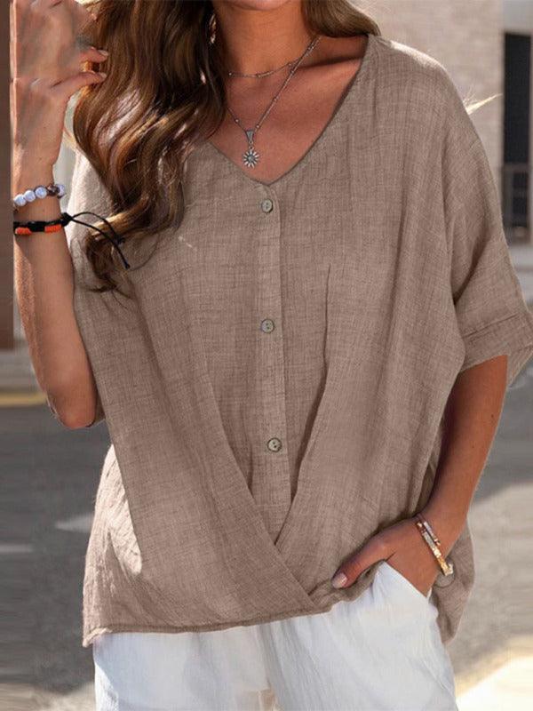 Half Sleeve Loose V Neck Casual Top Women