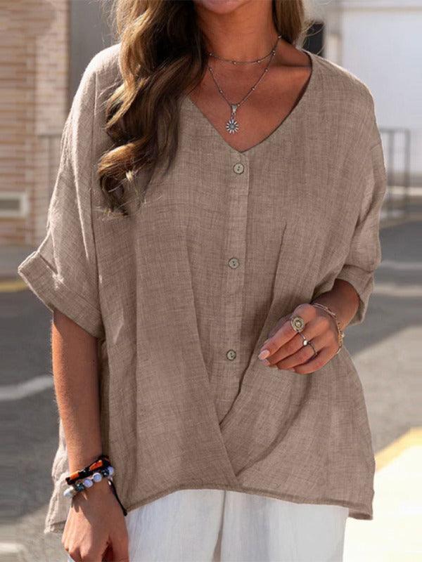 Half Sleeve Loose V Neck Casual Top Women