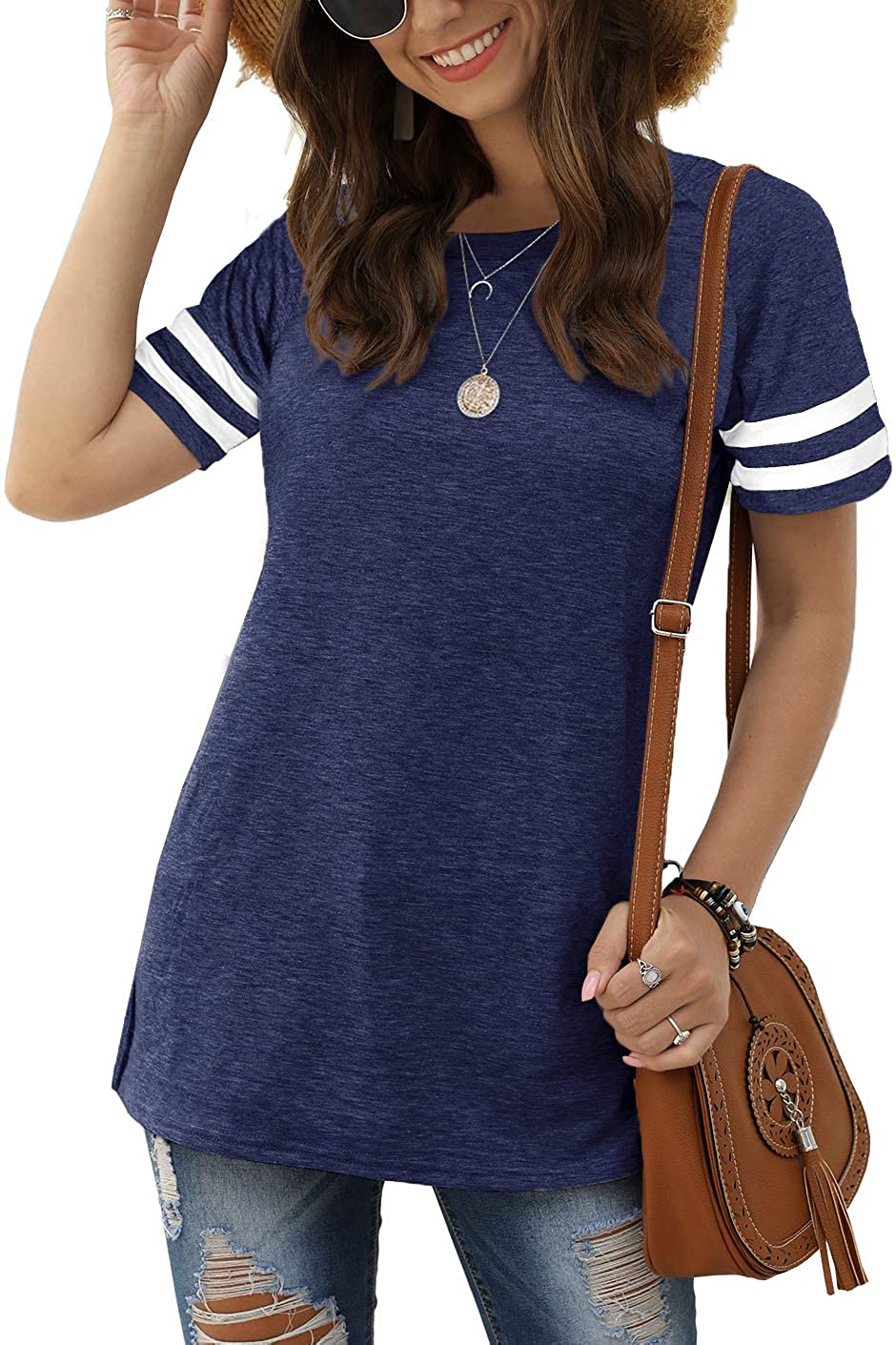 Haute Women's Short Sleeve Varsity Stripe Top for Casual Summer Outfits.