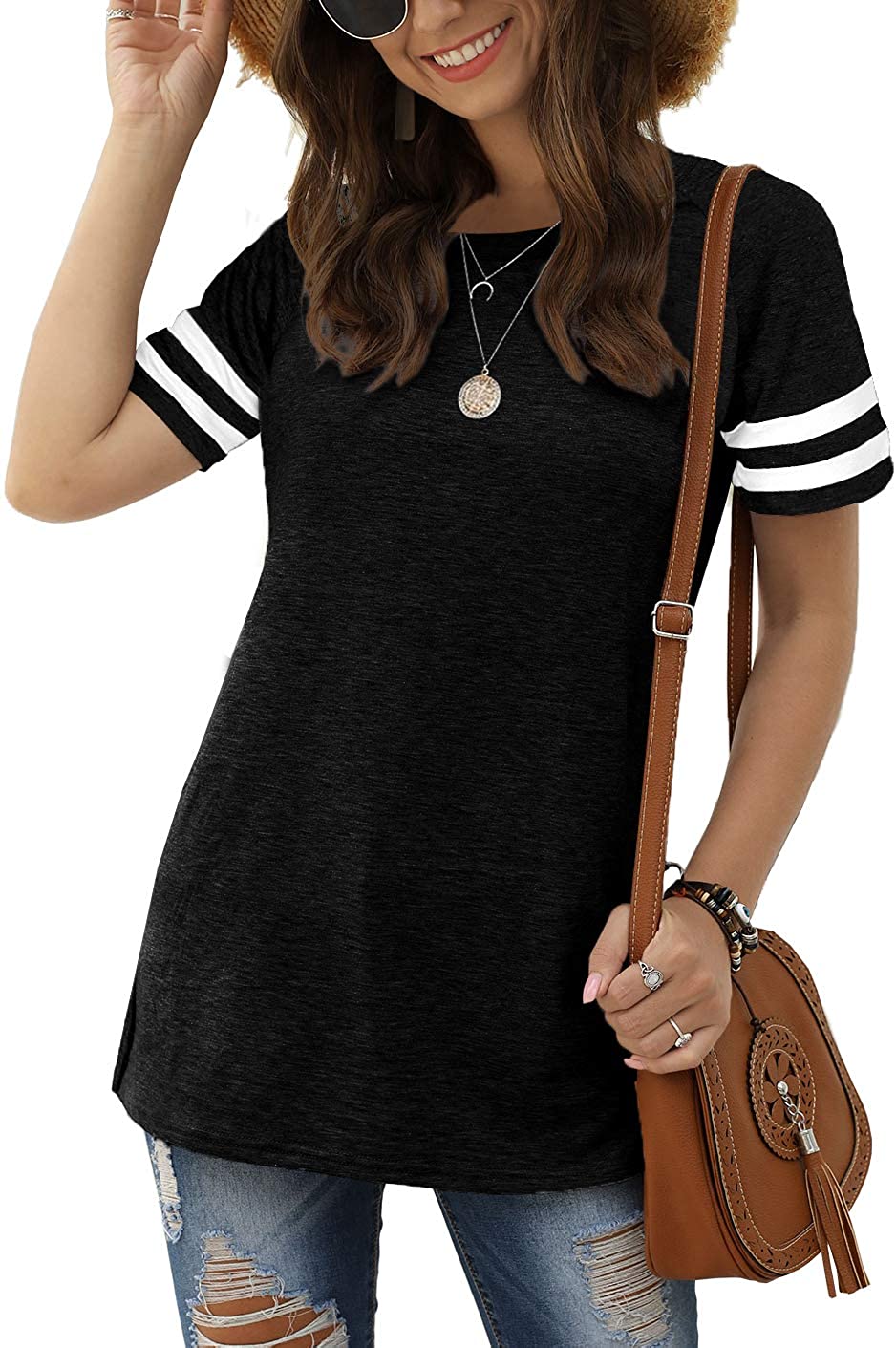 Haute Women's Short Sleeve Varsity Stripe Top for Casual Summer Outfits.