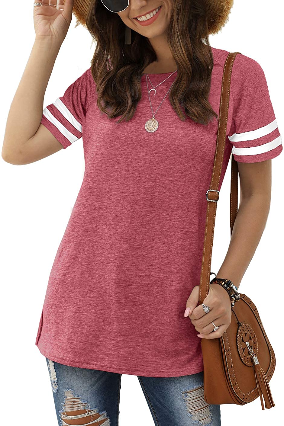 Haute Women's Short Sleeve Varsity Stripe Top for Casual Summer Outfits.