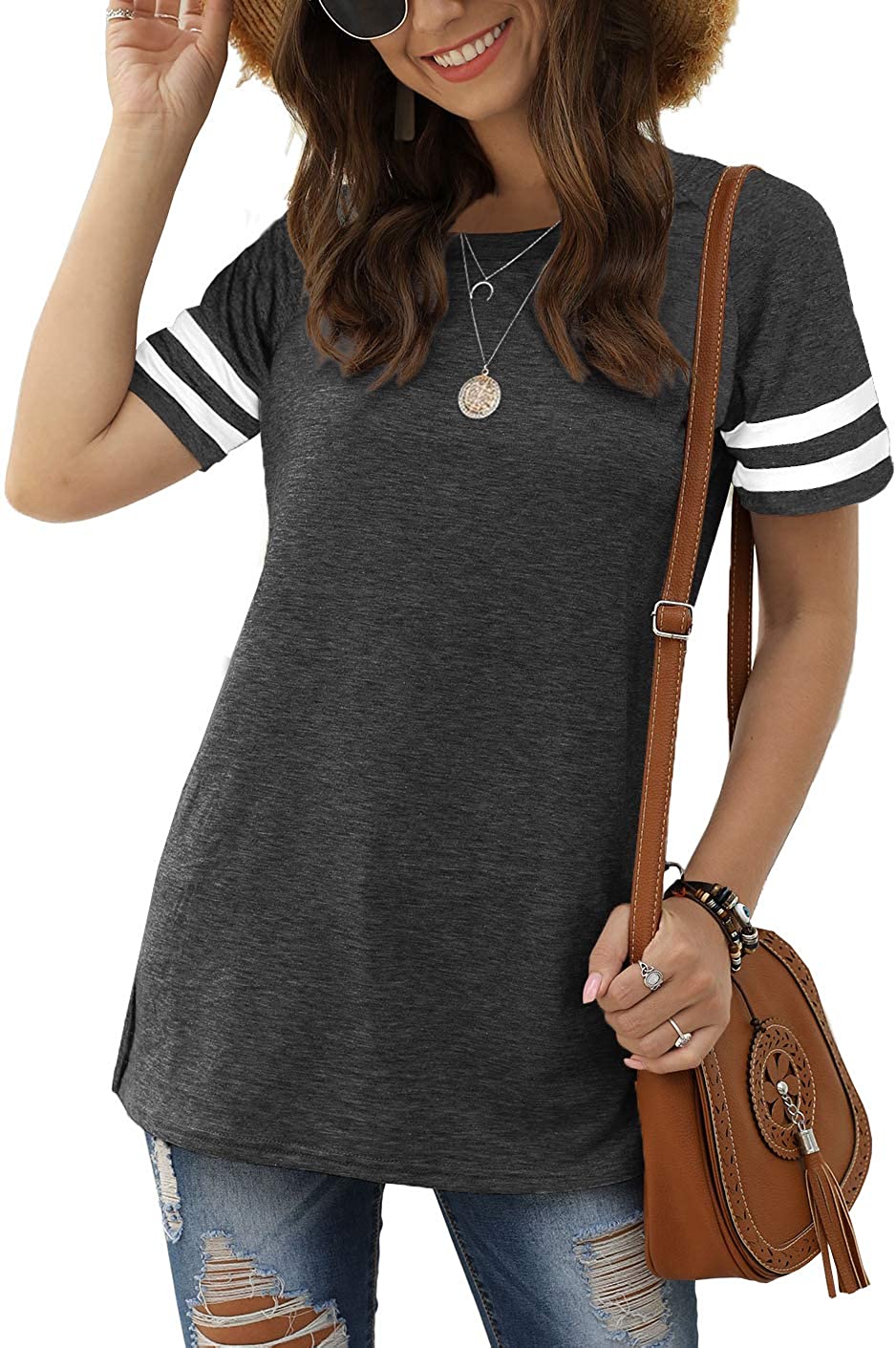 Haute Women's Short Sleeve Varsity Stripe Top for Casual Summer Outfits.